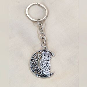 New Silver Tone Owl and Moon Keychain Key Ring Boho Bohemian